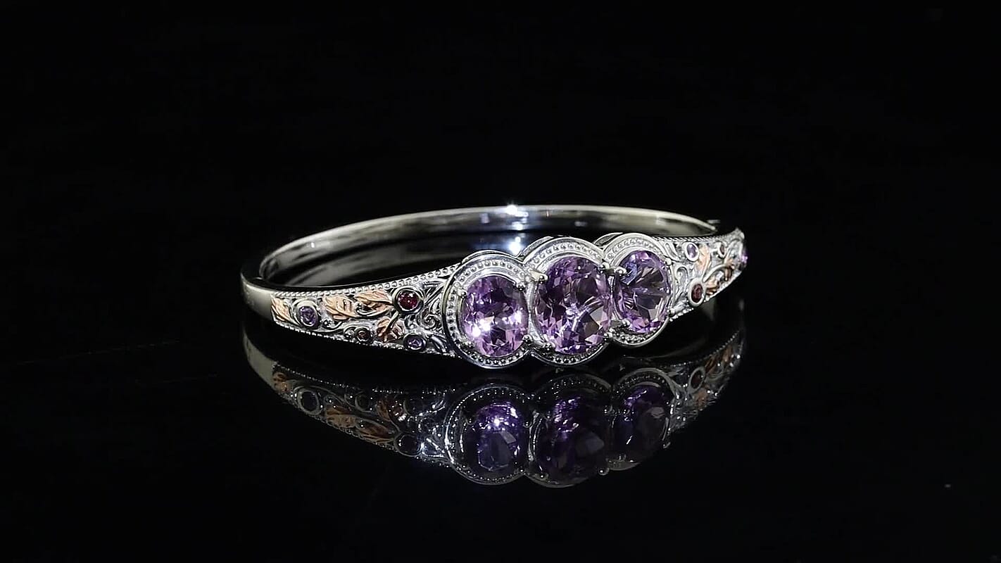 EverTrue Rose De France Amethyst and Multi Gemstone 9.60 ctw Bangle Bracelet in 18K RG Plated and Platinum Bond (7.25 In)