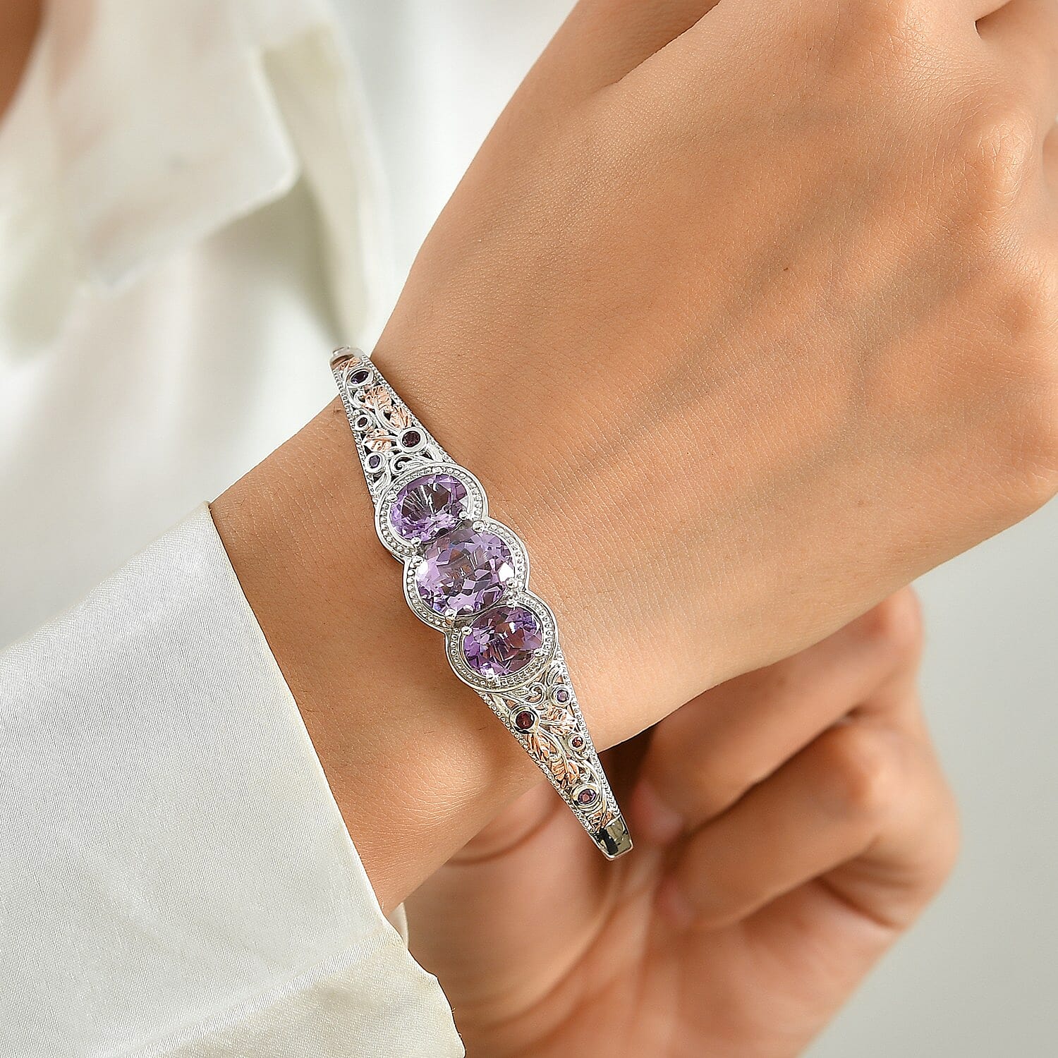 EverTrue Rose De France Amethyst and Multi Gemstone 9.60 ctw Bangle Bracelet in 18K RG Plated and Platinum Bond (7.25 In)