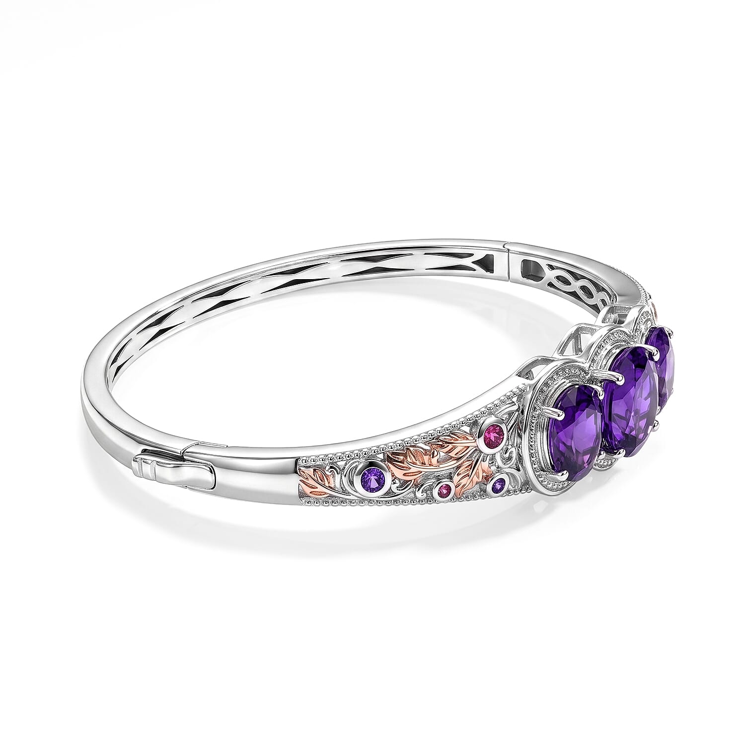 EverTrue Rose De France Amethyst and Multi Gemstone 9.60 ctw Bangle Bracelet in 18K RG Plated and Platinum Bond (7.25 In)