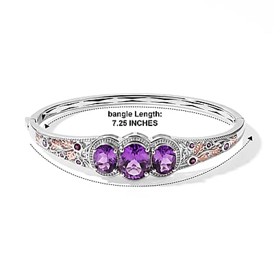 EverTrue Rose De France Amethyst and Multi Gemstone 9.60 ctw Bangle Bracelet in 18K RG Plated and Platinum Bond (7.25 In)