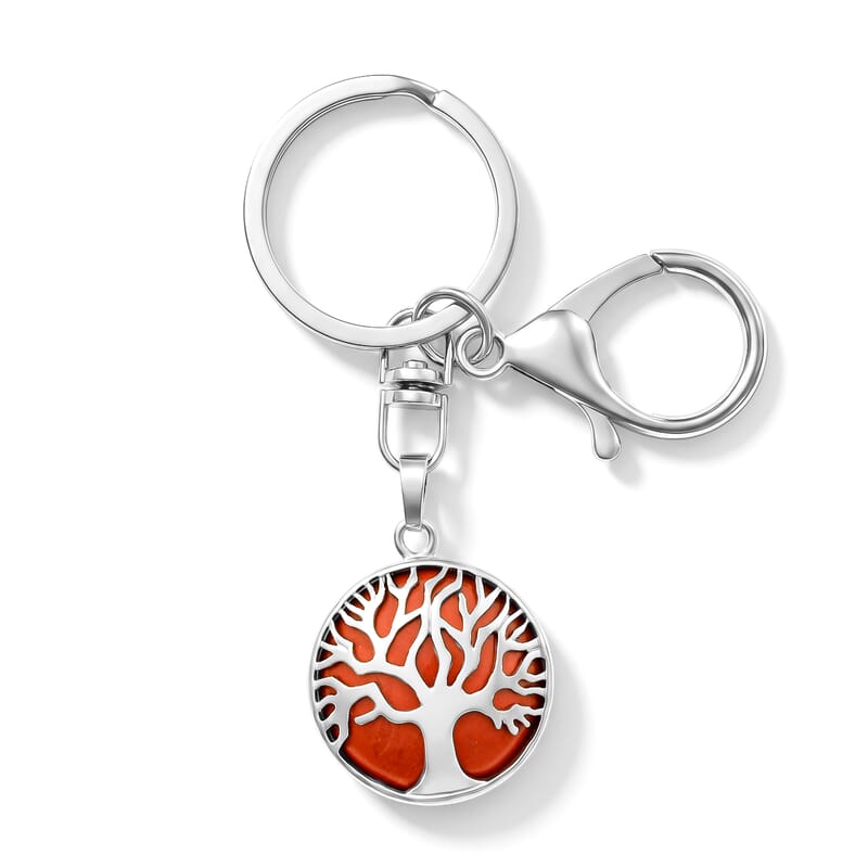 Red Jasper 20.00 ctw Tree of Life Keychain in Silvertone