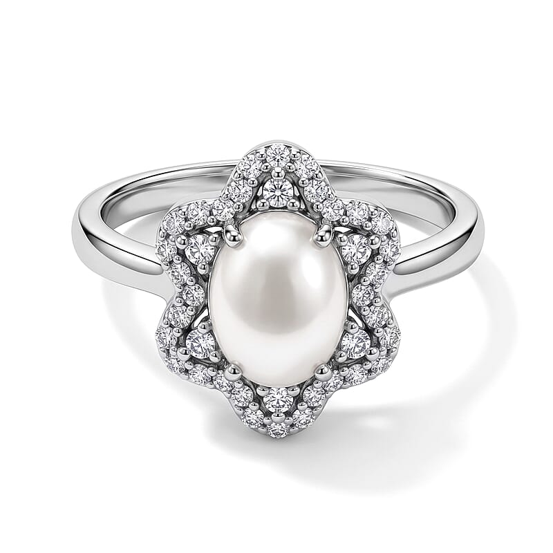 Simulated Pearls and Simulated Diamond Ring in Sterling Silver (Size 6.0)