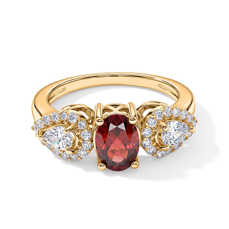 Mozambique Garnet and Simulated Diamond 1.04 ctw Ring in 14K Yellow Gold Over Sterling Silver (Size 5.0)