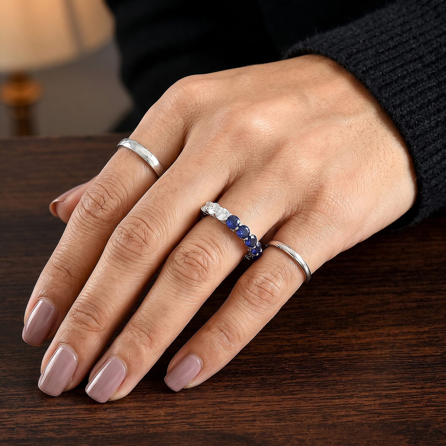 D'Joy Masoala Sapphire(D) and Moissanite 6.40 ctw Eternity Ring in Rhodium Over Sterling Silver (Size 6.0)