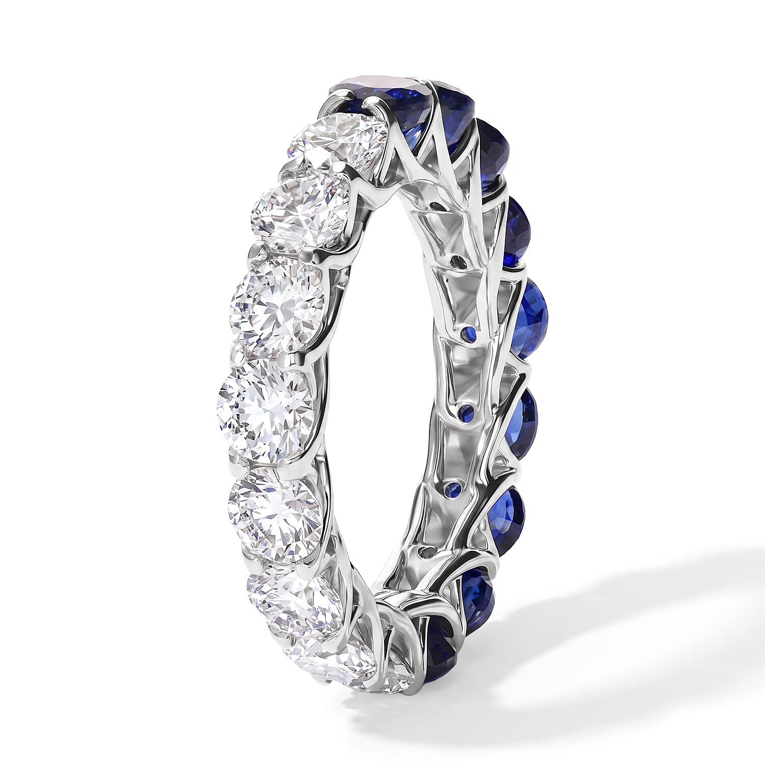D'Joy Masoala Sapphire(D) and Moissanite 6.40 ctw Eternity Ring in Rhodium Over Sterling Silver (Size 6.0)