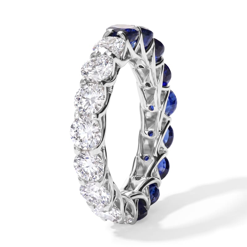D'Joy Masoala Sapphire(D) and Moissanite 6.40 ctw Eternity Spectrum Ring in Rhodium Over Sterling Silver (Size 7.0)