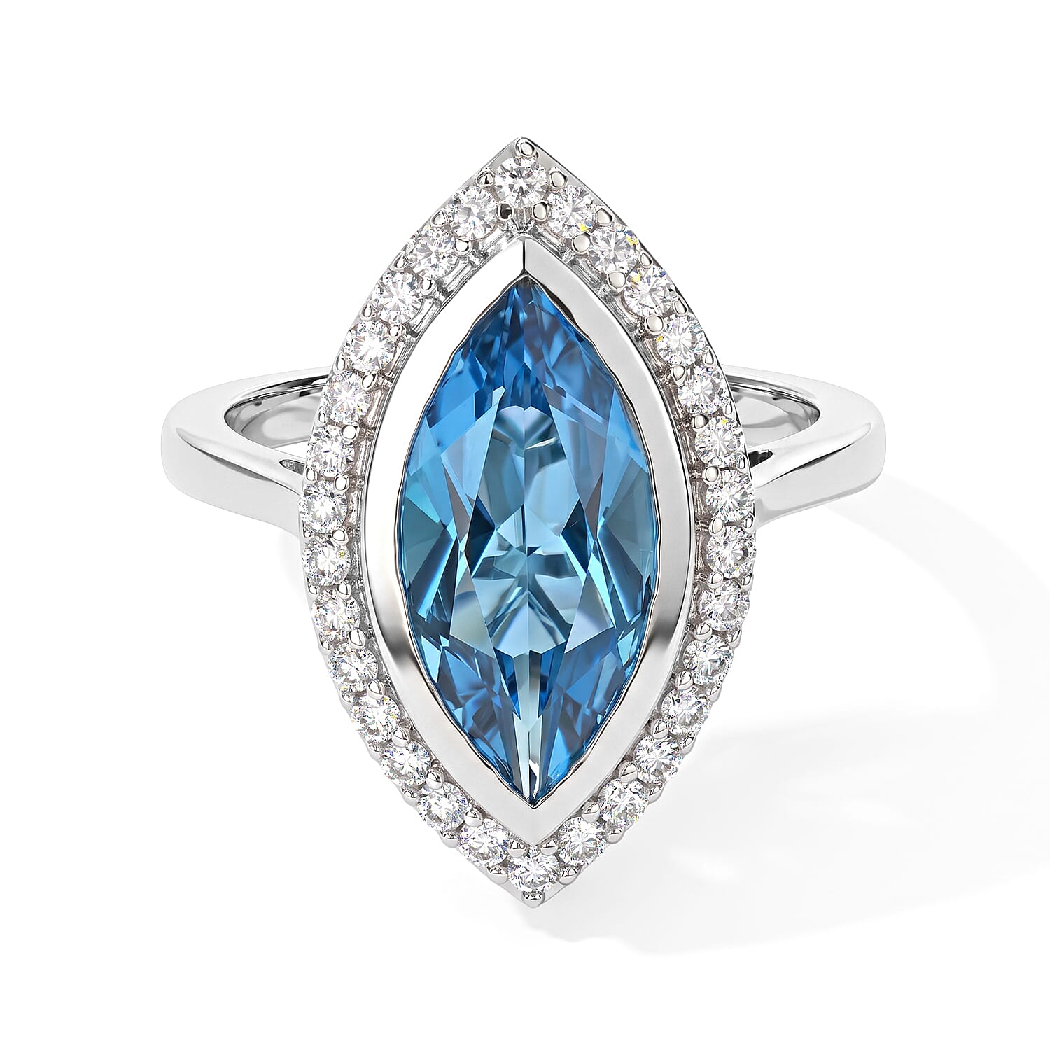 D''Joy Premium Swiss Blue Topaz, Moissanite Ring in Rhodium Over Sterling Silver (Size 10.0) 5.30 ctw