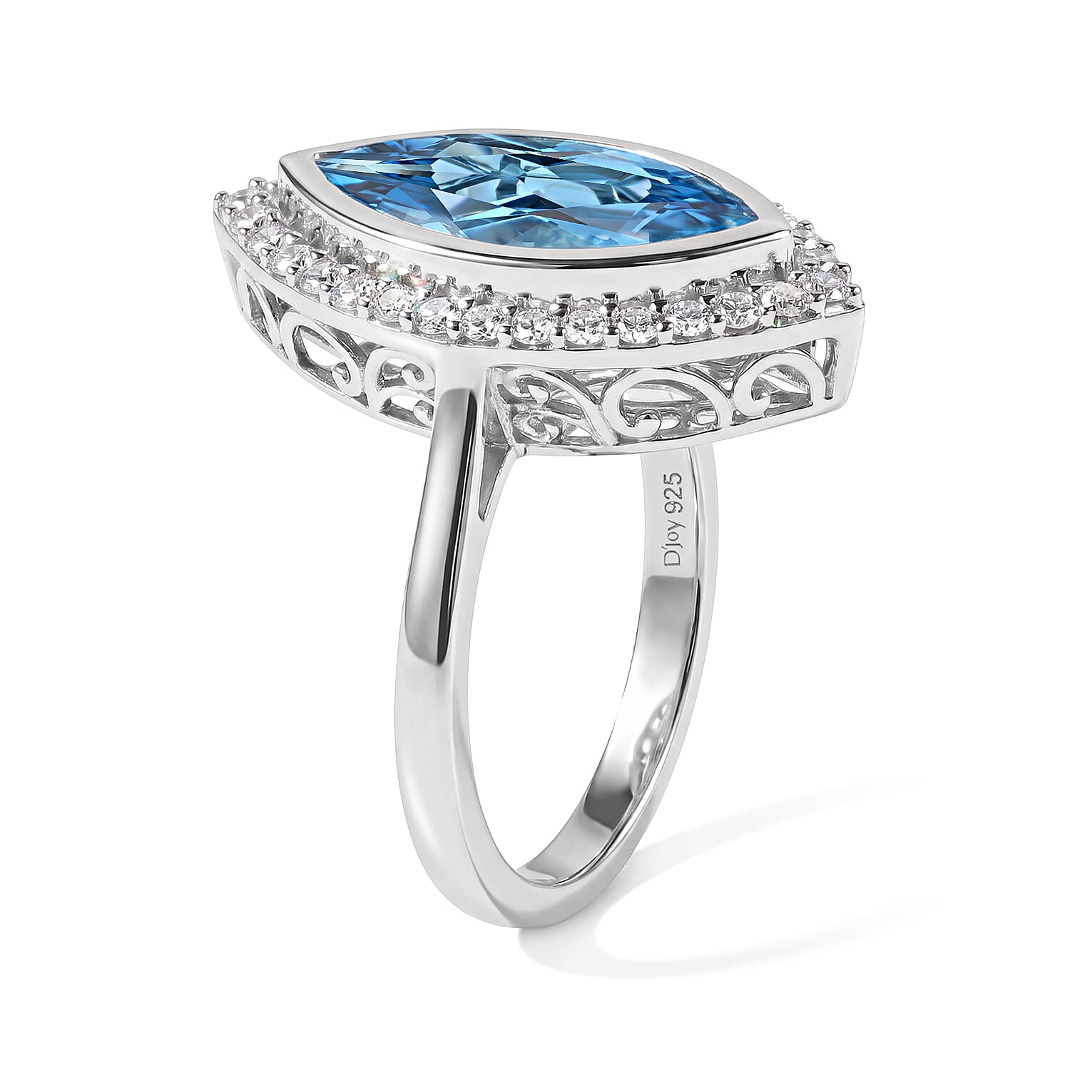 D'Joy Premium Swiss Blue Topaz and Moissanite 5.30 ctw Eternal Blue Ring in Rhodium Over Sterling Silver (Size 6.0)