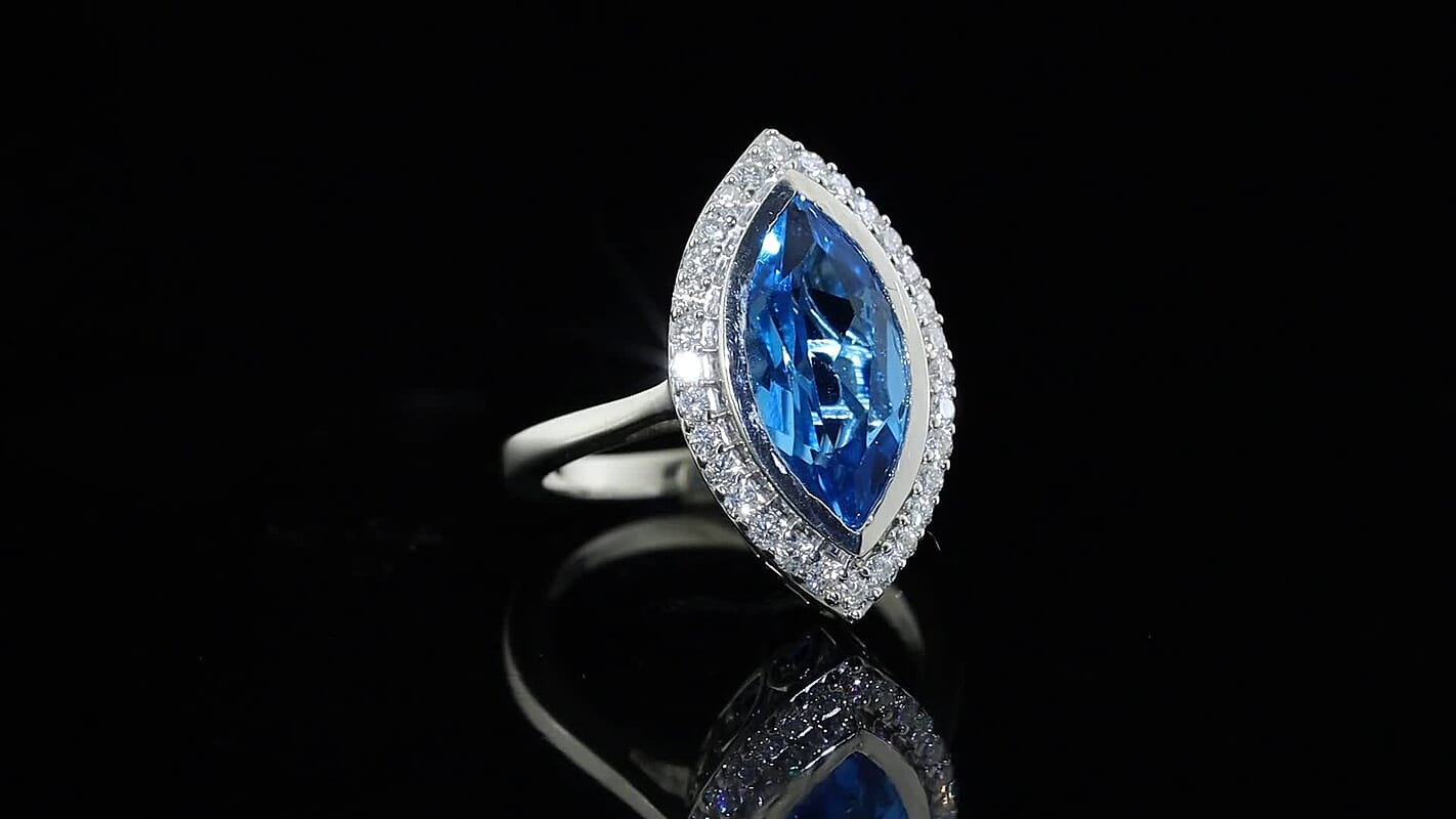 D''Joy Premium Swiss Blue Topaz, Moissanite Ring in Rhodium Over Sterling Silver (Size 10.0) 5.30 ctw