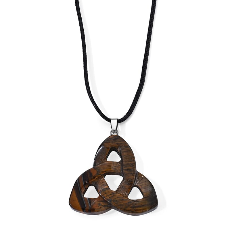 Tigers Eye 55.00 ctw Celtic Trinity Knot Pendant in Stainless Steel with Cord Necklace (Adjustable)