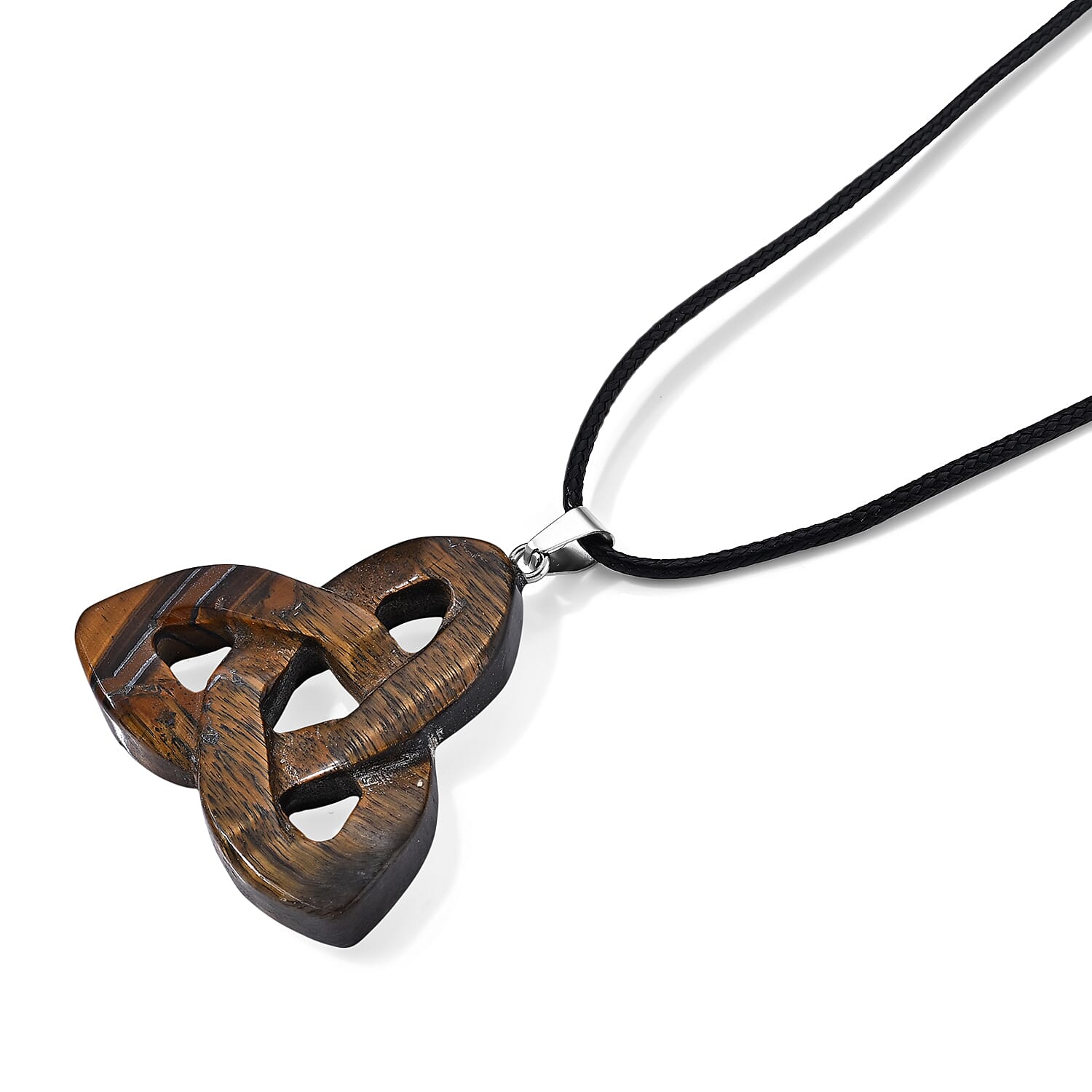 Tigers Eye 55.00 ctw Celtic Trinity Knot Pendant in Stainless Steel with Cord Necklace (Adjustable)
