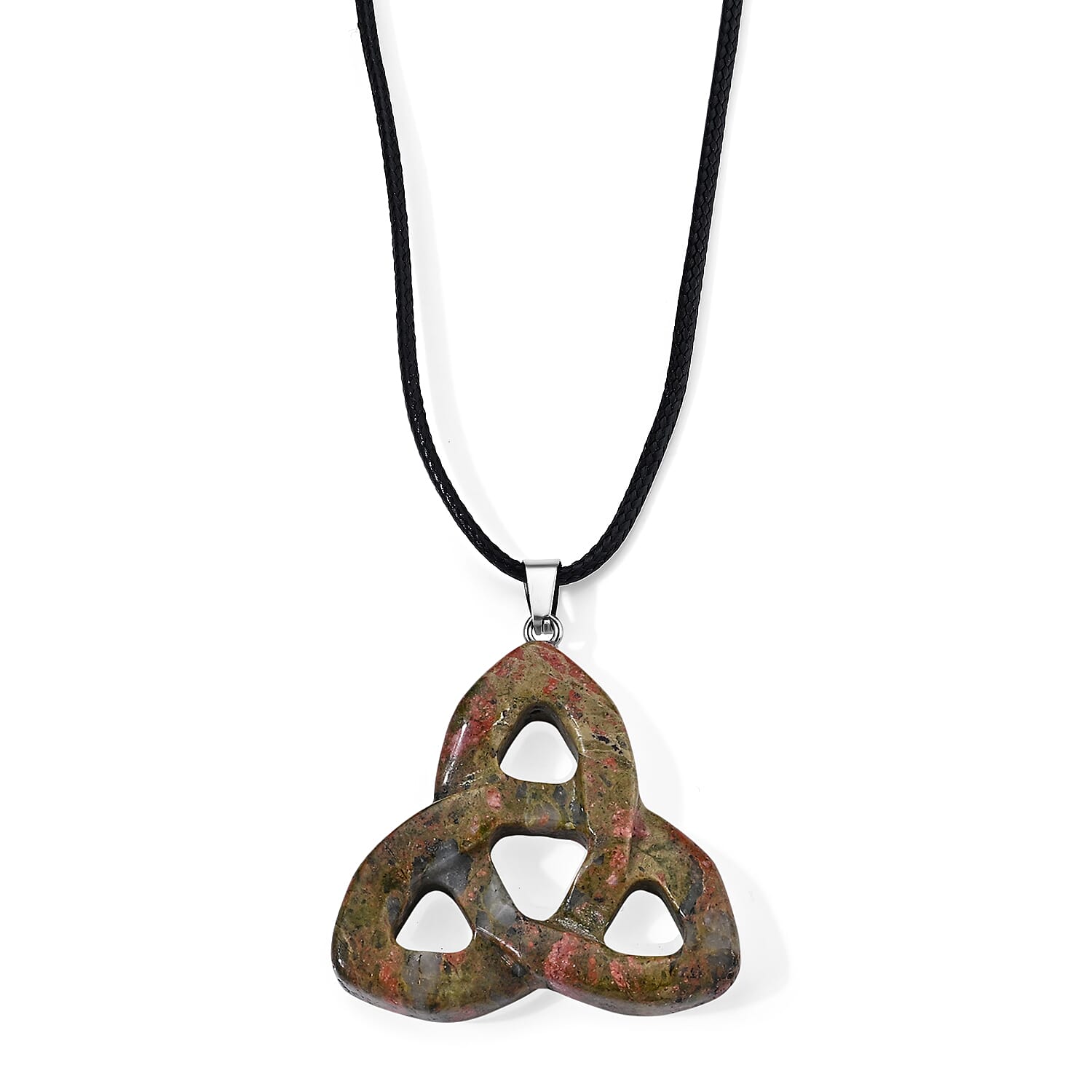 Rose Quartz 55.00 ctw Celtic Trinity Knot Pendant in Stainless Steel with Cord Necklace (Adjustable)