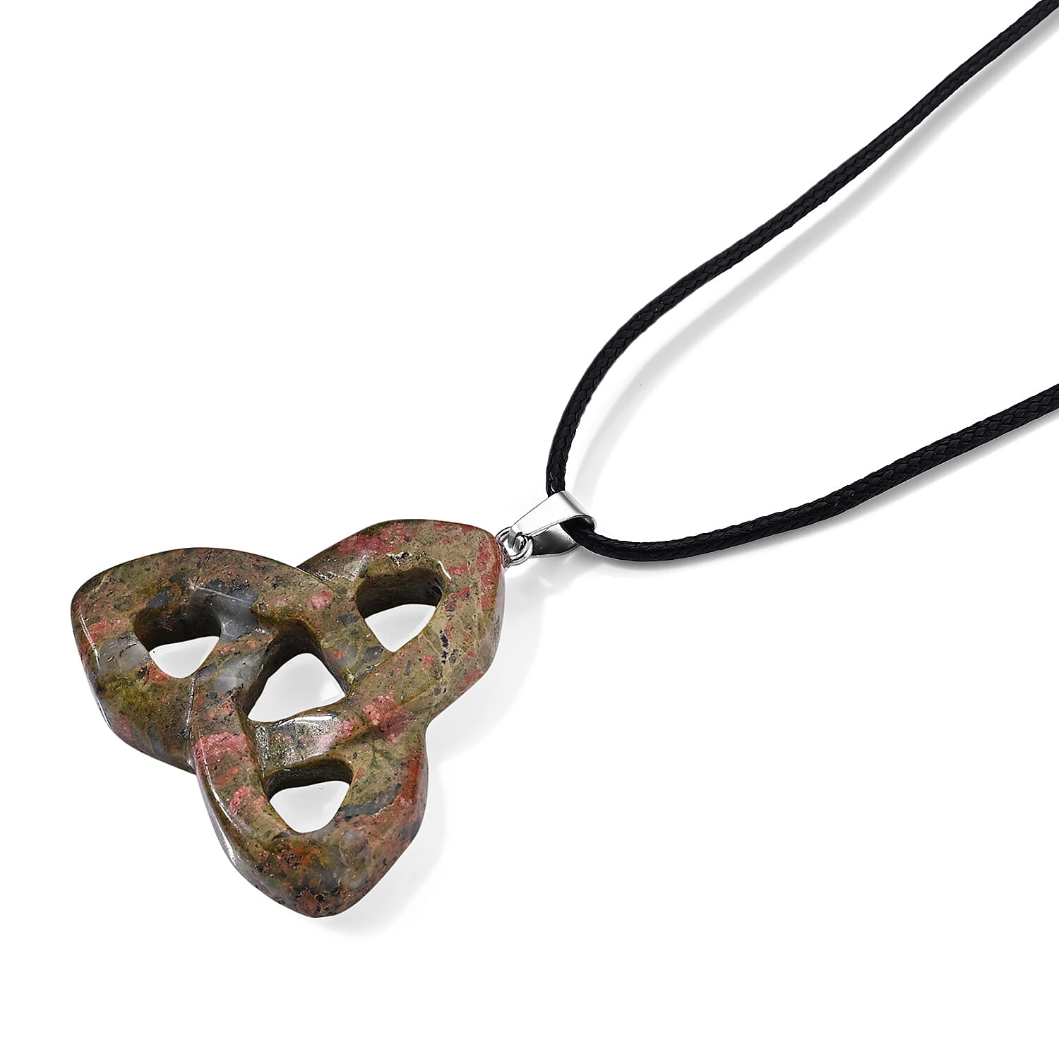 Unakite 55.00 ctw Celtic Trinity Knot Pendant in Stainless Steel with Cord Necklace (Adjustable)