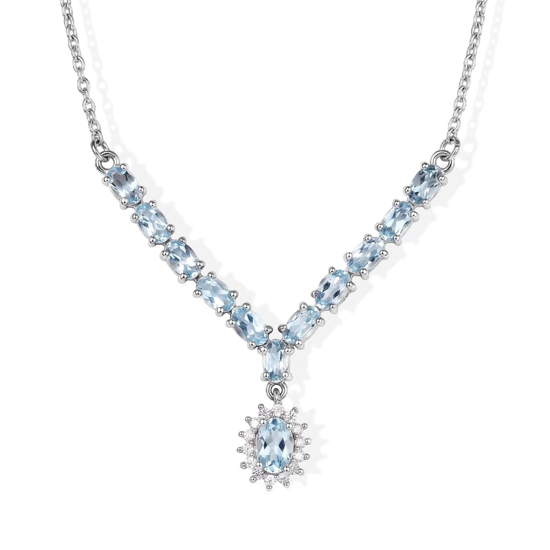 D'Joy Santa Maria Aquamarine and Moissanite 2.65 ctw Winter's Ember Necklace in Rhodium Over Sterling Silver 18-20 Inches