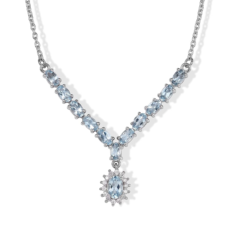 D'Joy Santa Maria Aquamarine and Moissanite 2.65 ctw Necklace in Rhodium Over Sterling Silver 18-20 Inches