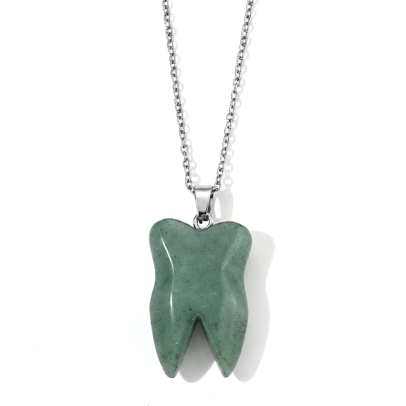 Green Aventurine 45.00 ctw Tooth Pendant Necklace in Stainless Steel (20 inches)