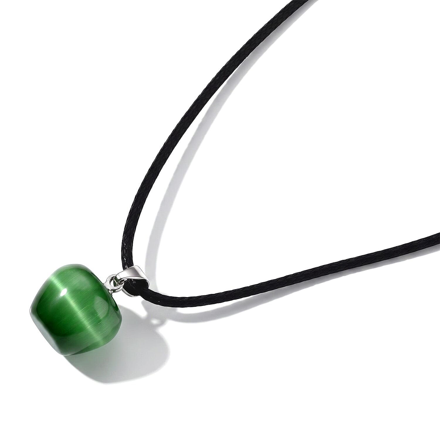 Lab Created Green Cat's Eye 20.00 ctw Pendant in Silvertone with Cord Necklace (Adjustable)