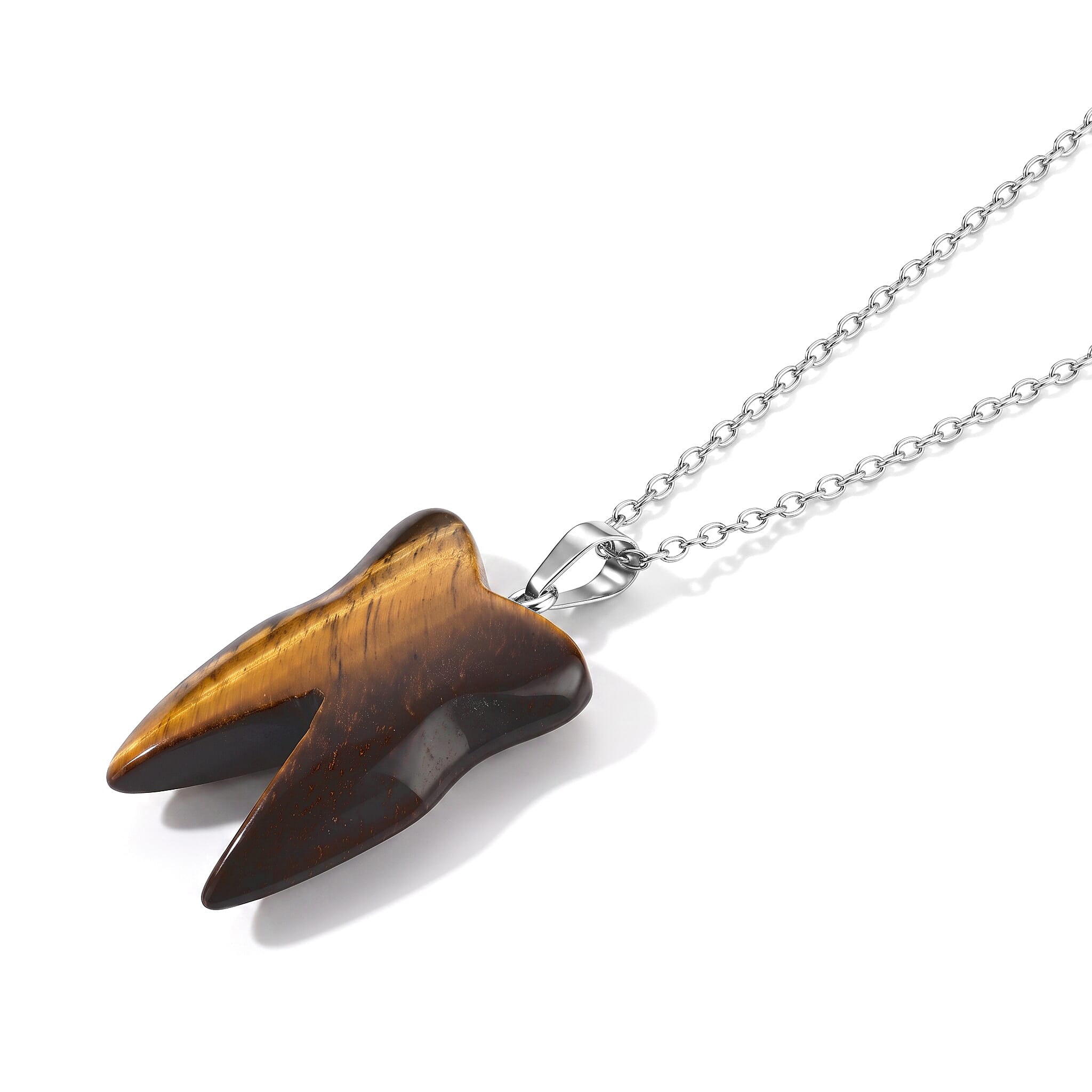 Yellow Tigers Eye 45.00 ctw Tooth Pendant Necklace in Stainless Steel (20 inches)