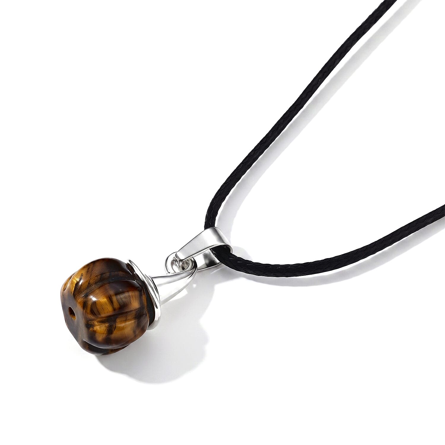 Tigers Eye 15.00 ctw Pumpkin Pendant in Silvertone with Cord Necklace (Adjustable)