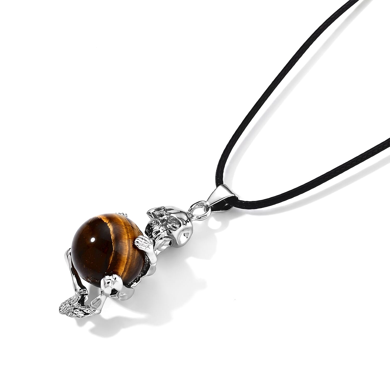 Tigers Eye 45.00 ctw Turtle Pendant in Silvertone with Cord Necklace (Adjustable)