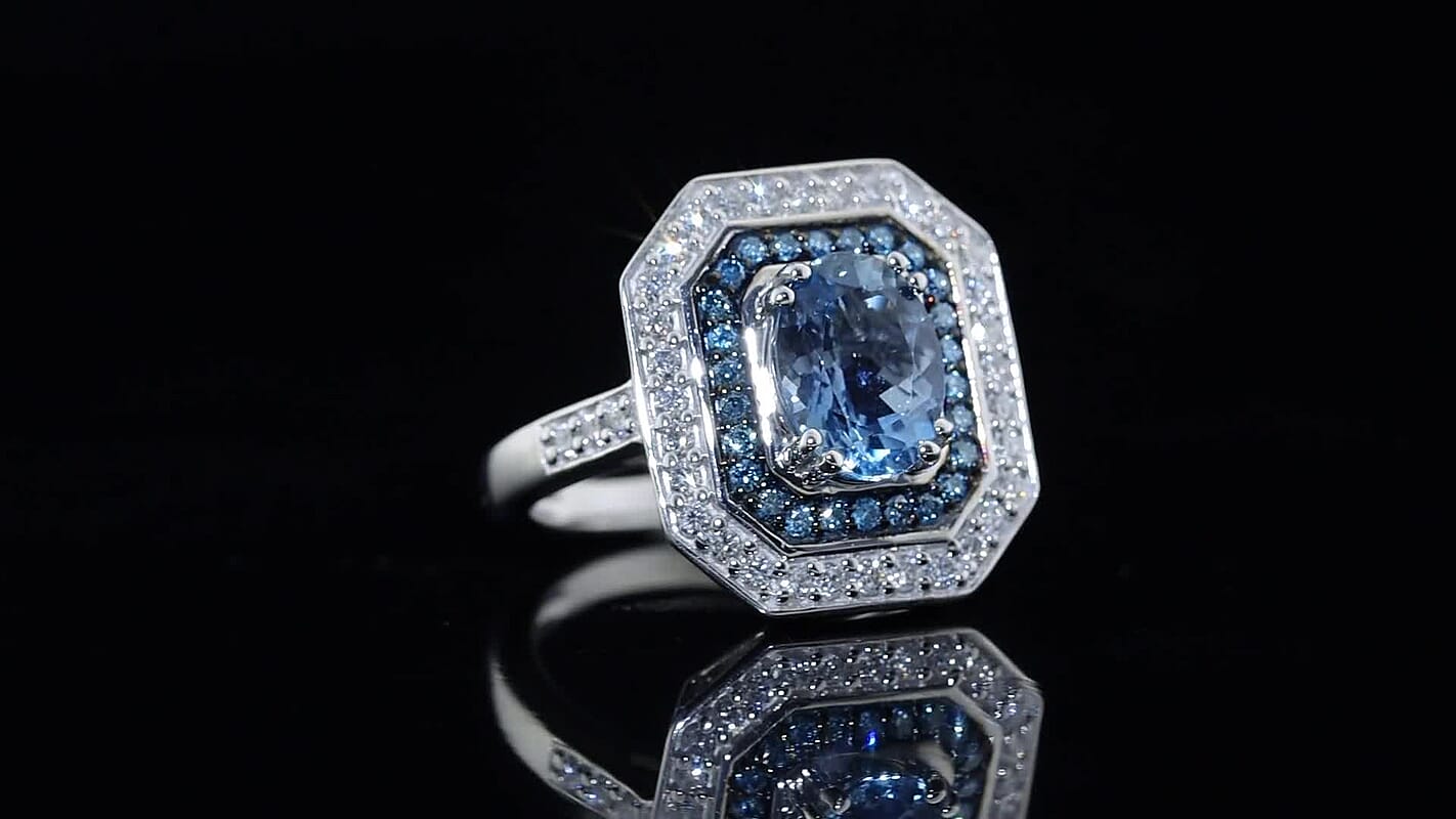 10K White Gold AAA Santa Maria Aquamarine, Luxuriant Lab Grown Blue Diamond (IR) and Lab Grow Diamond (VS) (0.75 cts) Ring (Size 7.0) (4.90 g) 2.35 ctw