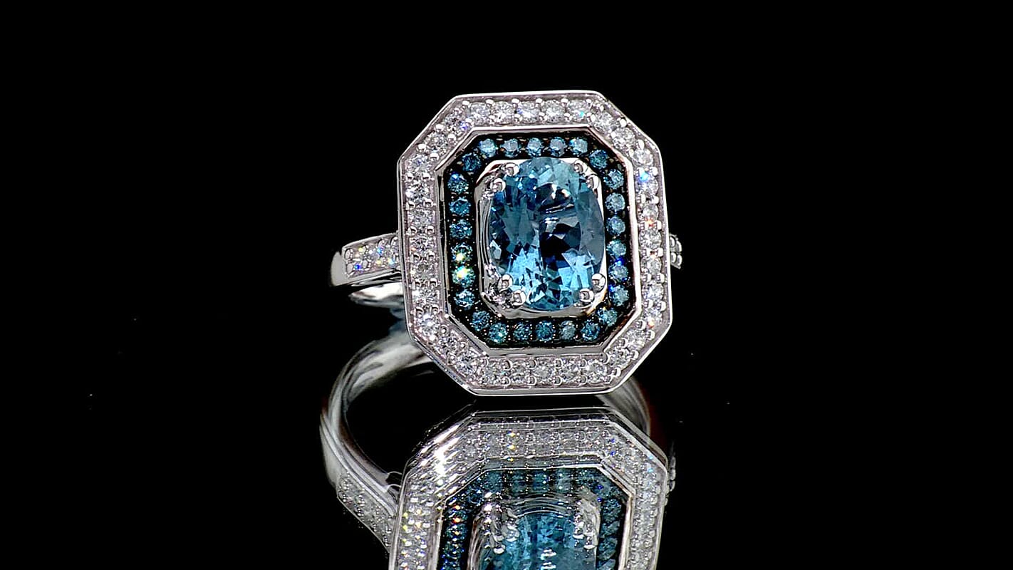 10K White Gold AAA Santa Maria Aquamarine, Luxuriant Lab Grown Blue Diamond (IR) and Lab Grow Diamond (VS) (0.75 cts) Ring (Size 7.0) (4.90 g) 2.35 ctw
