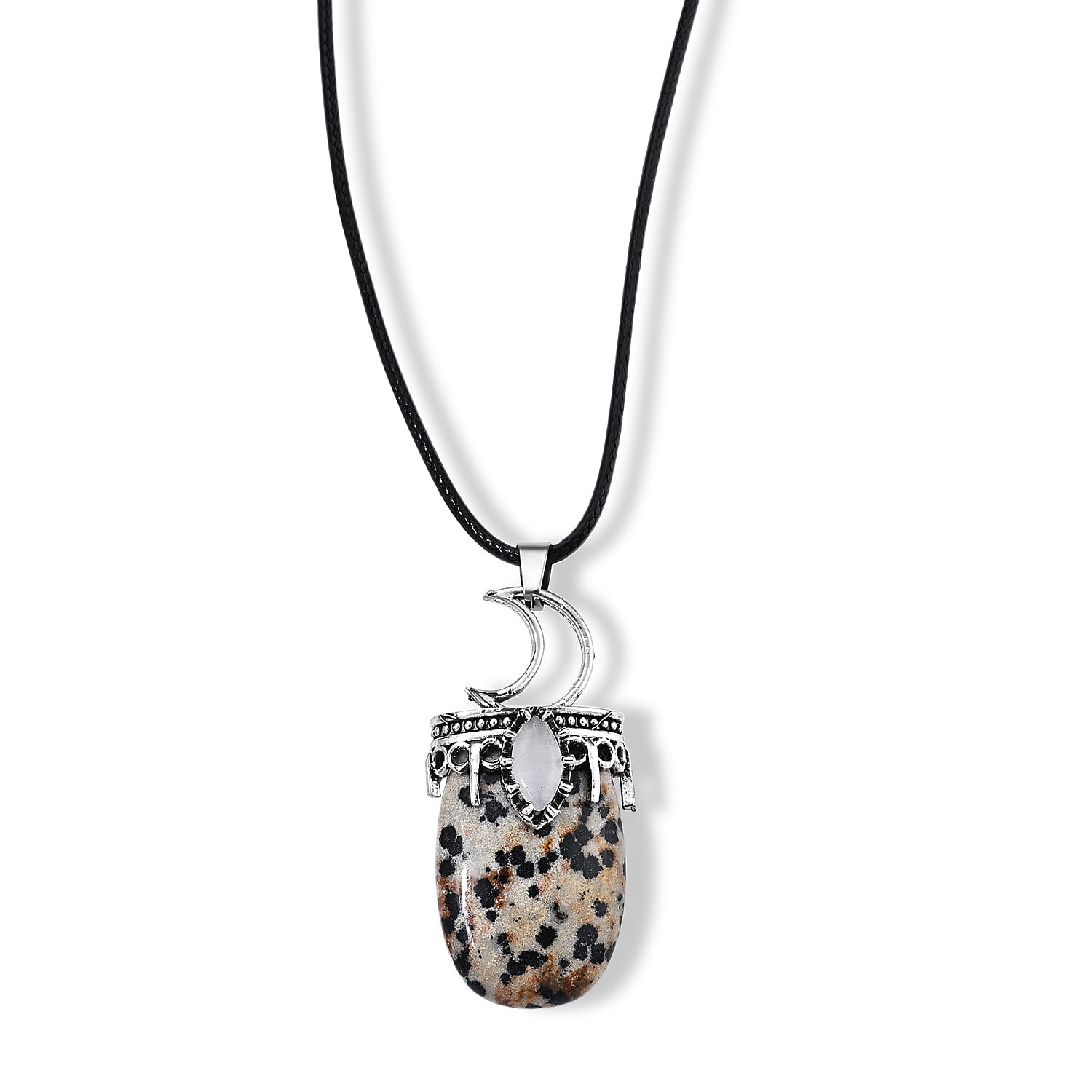 Dalmation Jasper 45.00 ctw Crescent Moon Pendant in Stainless Steel with Cord Necklace (Adjustable)