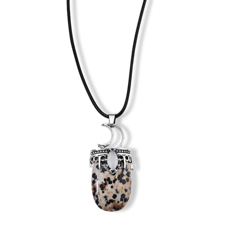 Dalmation Jasper 45.00 ctw Crescent Moon Pendant in Stainless Steel with Cord Necklace (Adjustable)