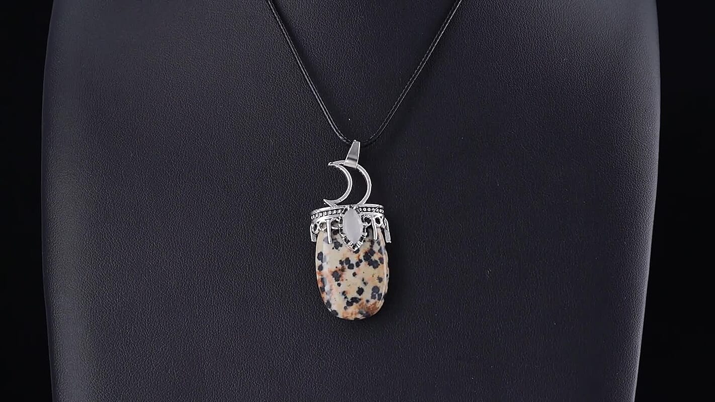 Dalmation Jasper 45.00 ctw Crescent Moon Pendant in Stainless Steel with Cord Necklace (Adjustable)