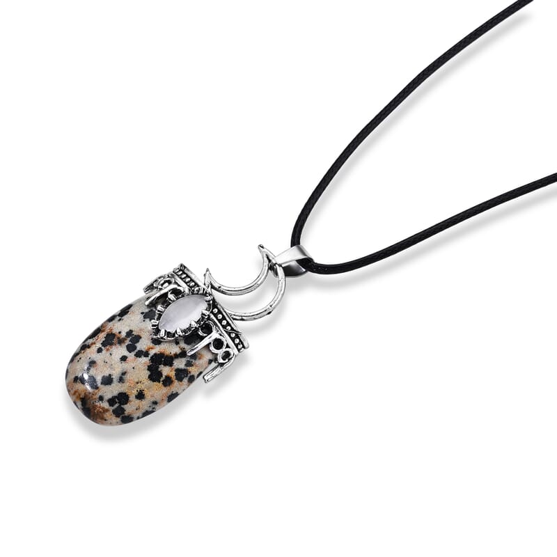 Dalmation Jasper 45.00 ctw Crescent Moon Pendant in Stainless Steel with Cord Necklace (Adjustable)