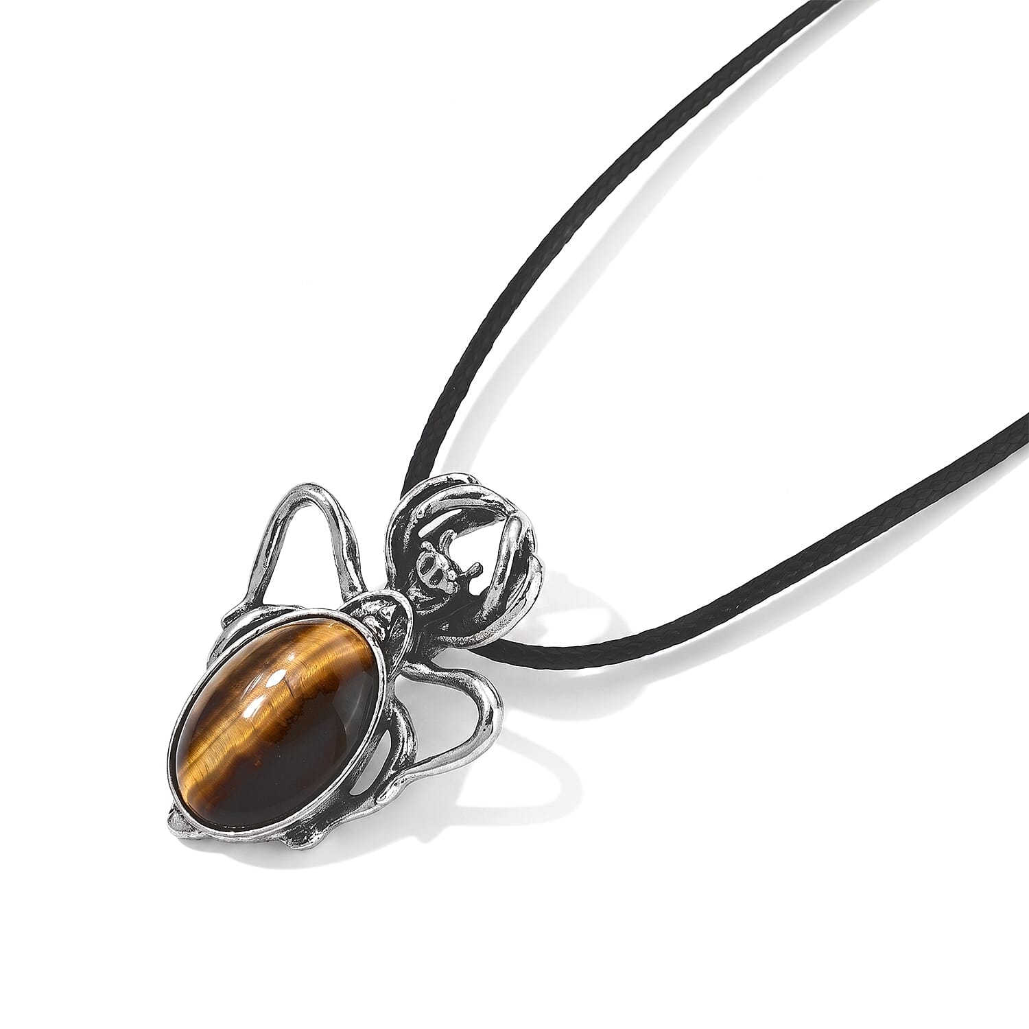 Tigers Eye 35.00 ctw Pendant in Silvertone with Cord Necklace (Adjustable)