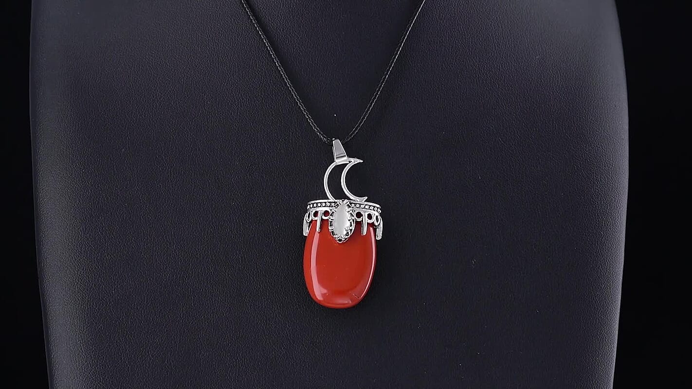 Dalmation Jasper 45.00 ctw Crescent Moon Pendant in Stainless Steel with Cord Necklace (Adjustable)
