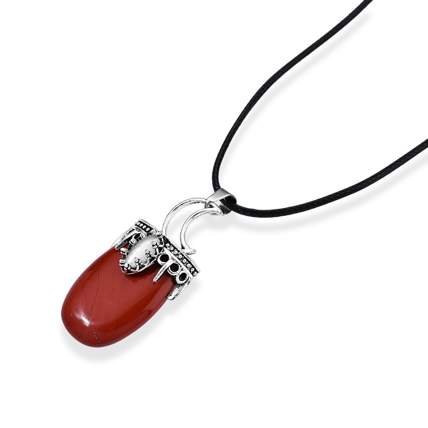 Red Jasper 45.00 ctw Crescent Moon Pendant in Stainless Steel with Cord Necklace (Adjustable)