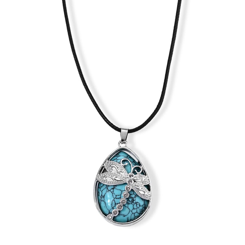 Turquoise 50.00 ctw Dragonfly Pendant in Silvertone with Cord Necklace (Adjustable)