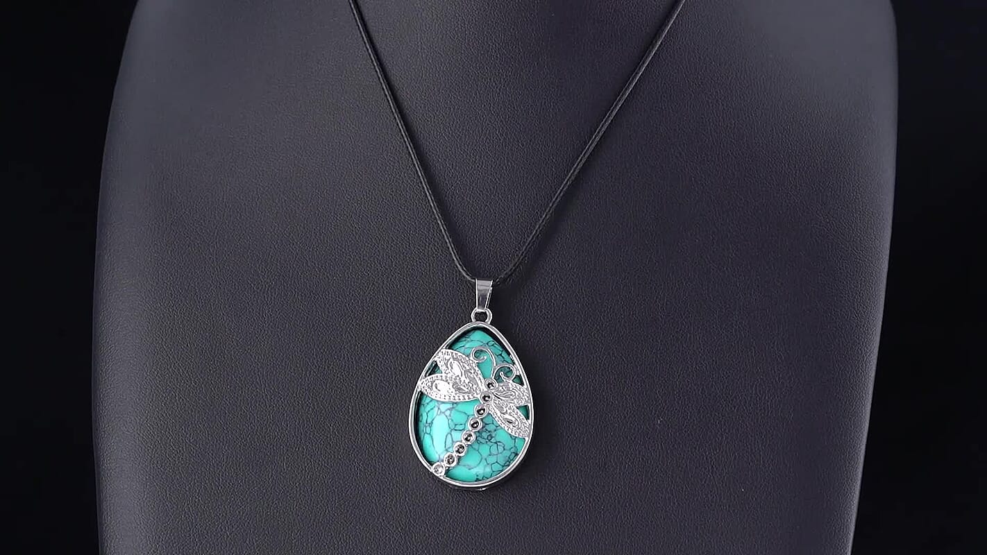 Turquoise 50.00 ctw Dragonfly Pendant in Silvertone with Cord Necklace (Adjustable)