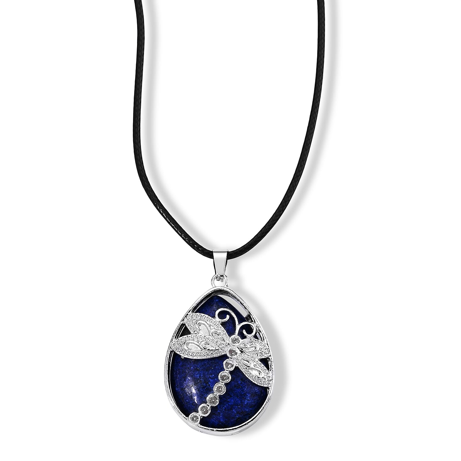 Turquoise 50.00 ctw Dragonfly Pendant in Silvertone with Cord Necklace (Adjustable)