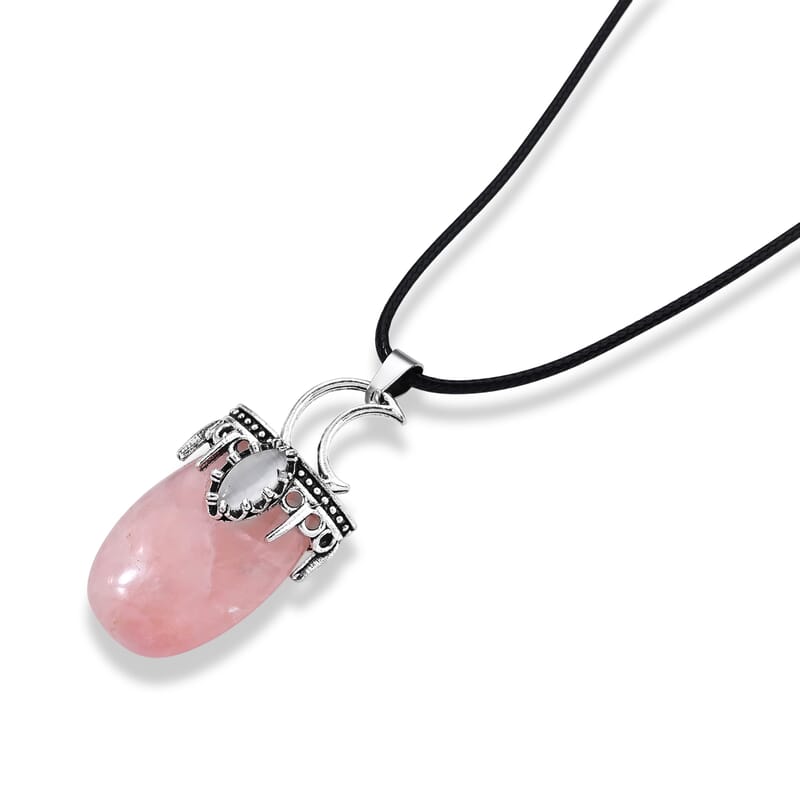 Rose Quartz 45.00 ctw Crescent Moon Pendant in Stainless Steel with Cord Necklace (Adjustable)