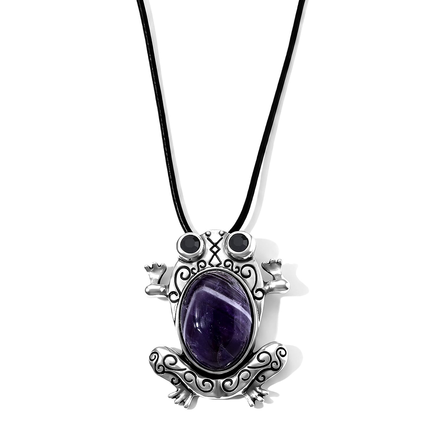 African Amethyst 45.00 ctw Frog Pendant in Stainless Steel with Cord Necklace (Adjustable)