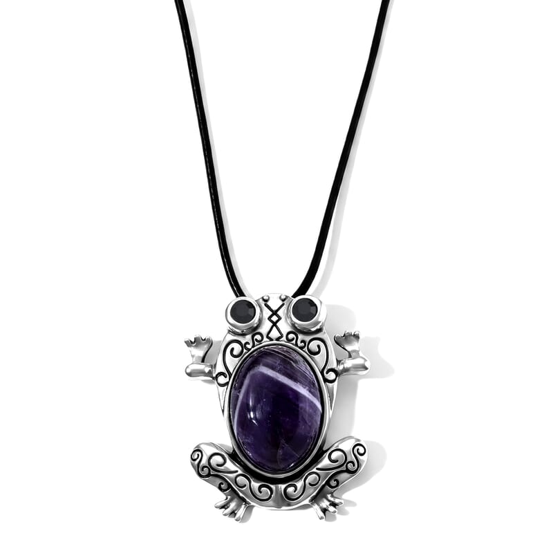 African Amethyst 45.00 ctw Frog Pendant in Stainless Steel with Cord Necklace (Adjustable)