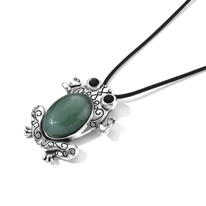 Green Jade(D) 45.00 ctw Frog Pendant in Stainless Steel with Cord Necklace (Adjustable)