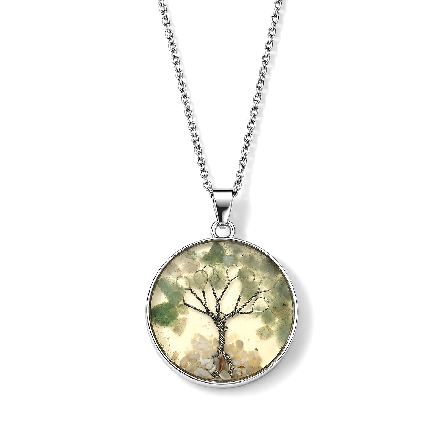 Green Aventurine and White Shell Pearl 6.00 ctw Tree of Life Pendant in Platinum Bond with Stainless Steel Necklace 20 Inches