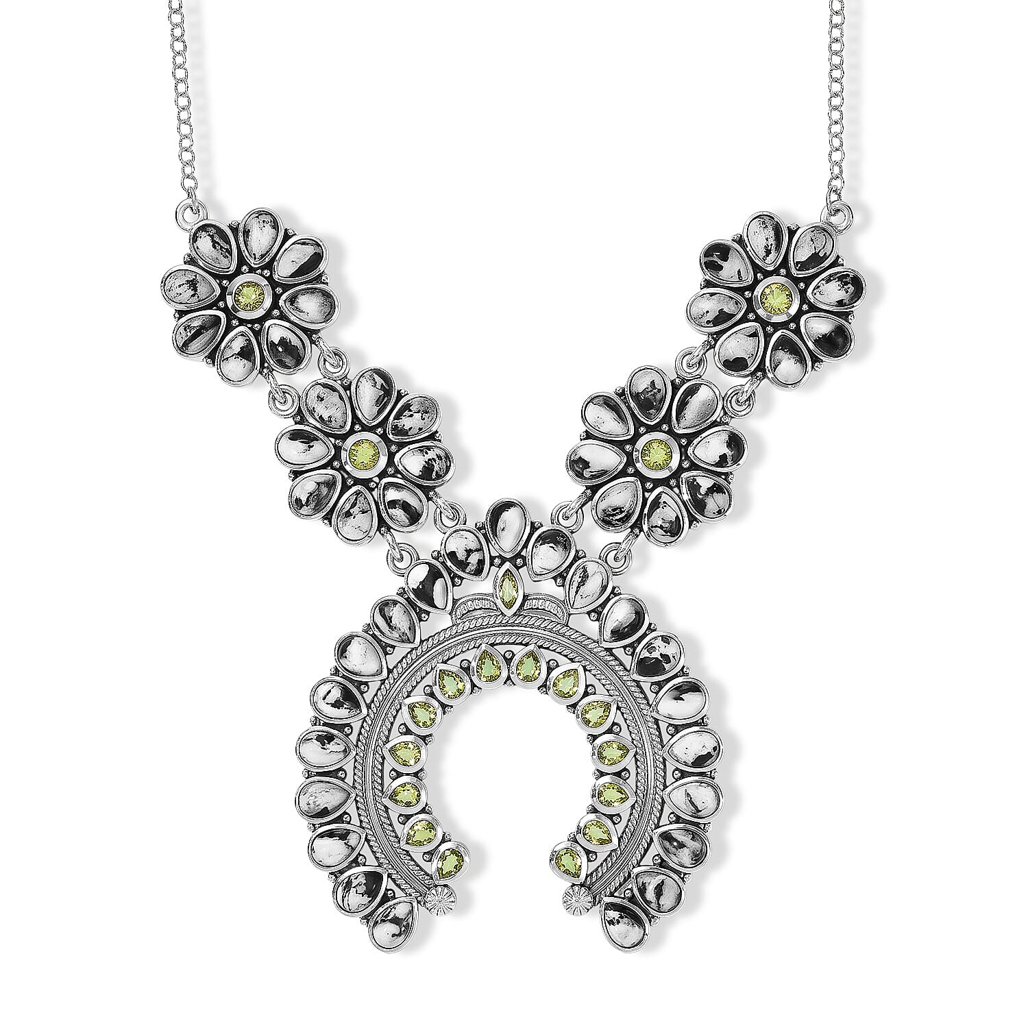 D'Joy Artisan Crafted Premium White Buffalo and Arizona Peridot 32.00 ctw Necklace (18 Inches) in Sterling Silver