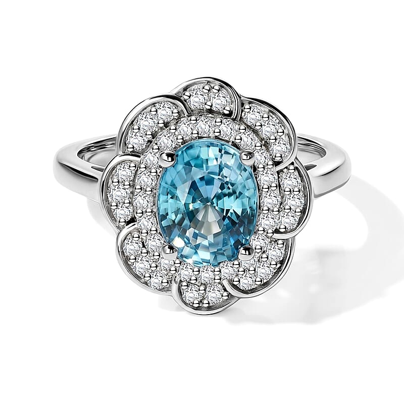 D'Joy Premium Cambodian Blue Zircon and Moissanite 2.90 ctw Ring in Rhodium Over Sterling Silver (Size 6.0)