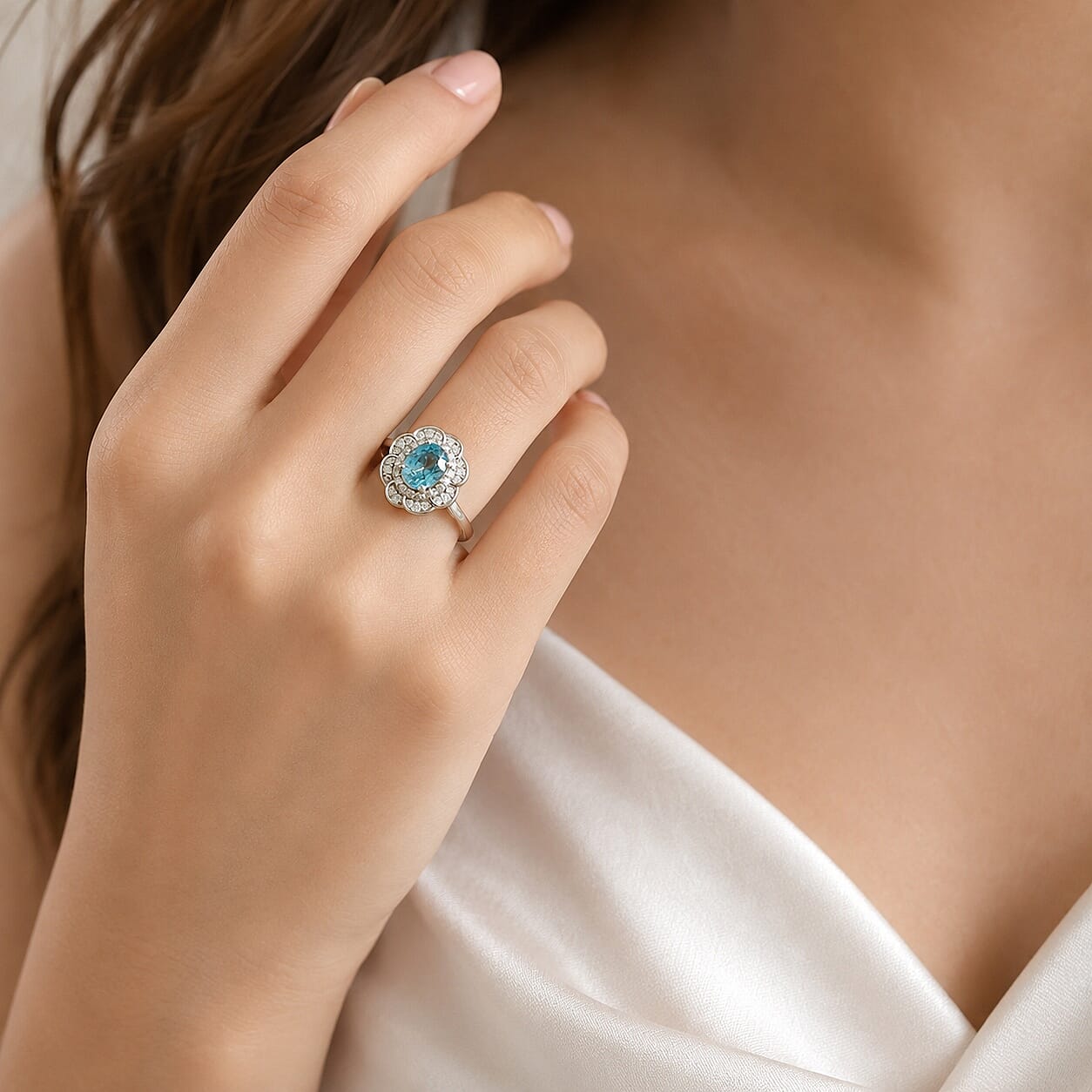 D'Joy Premium Cambodian Blue Zircon and Moissanite 2.90 ctw Ring in Rhodium Over Sterling Silver (Size 6.0)