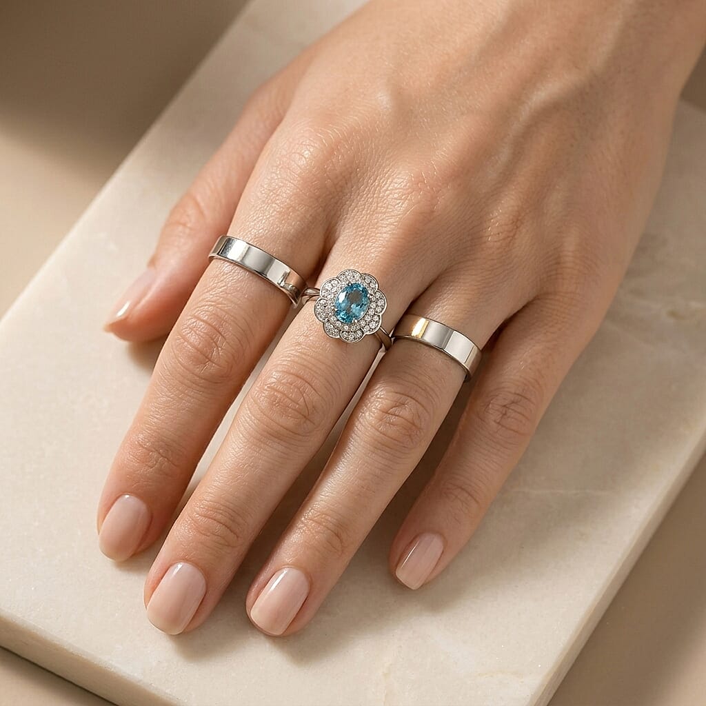 D'Joy Premium Cambodian Blue Zircon and Moissanite 2.90 ctw Ring in Rhodium Over Sterling Silver (Size 6.0)