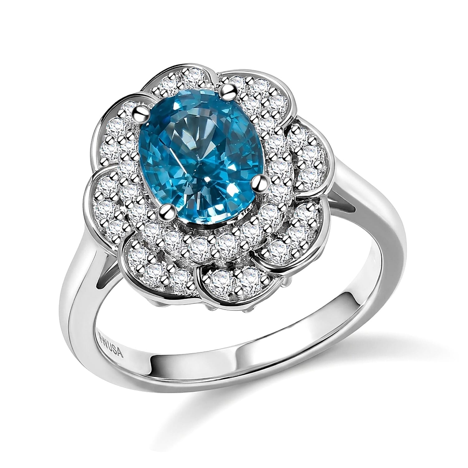 D'Joy Premium Cambodian Blue Zircon and Moissanite 2.90 ctw Ring in Rhodium Over Sterling Silver (Size 6.0)
