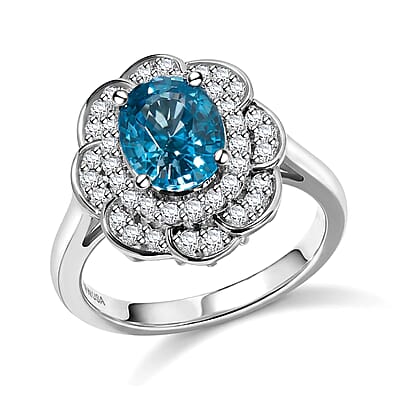 D'Joy Premium Cambodian Blue Zircon and Moissanite 2.90 ctw Ring in Rhodium Over Sterling Silver (Size 6.0)