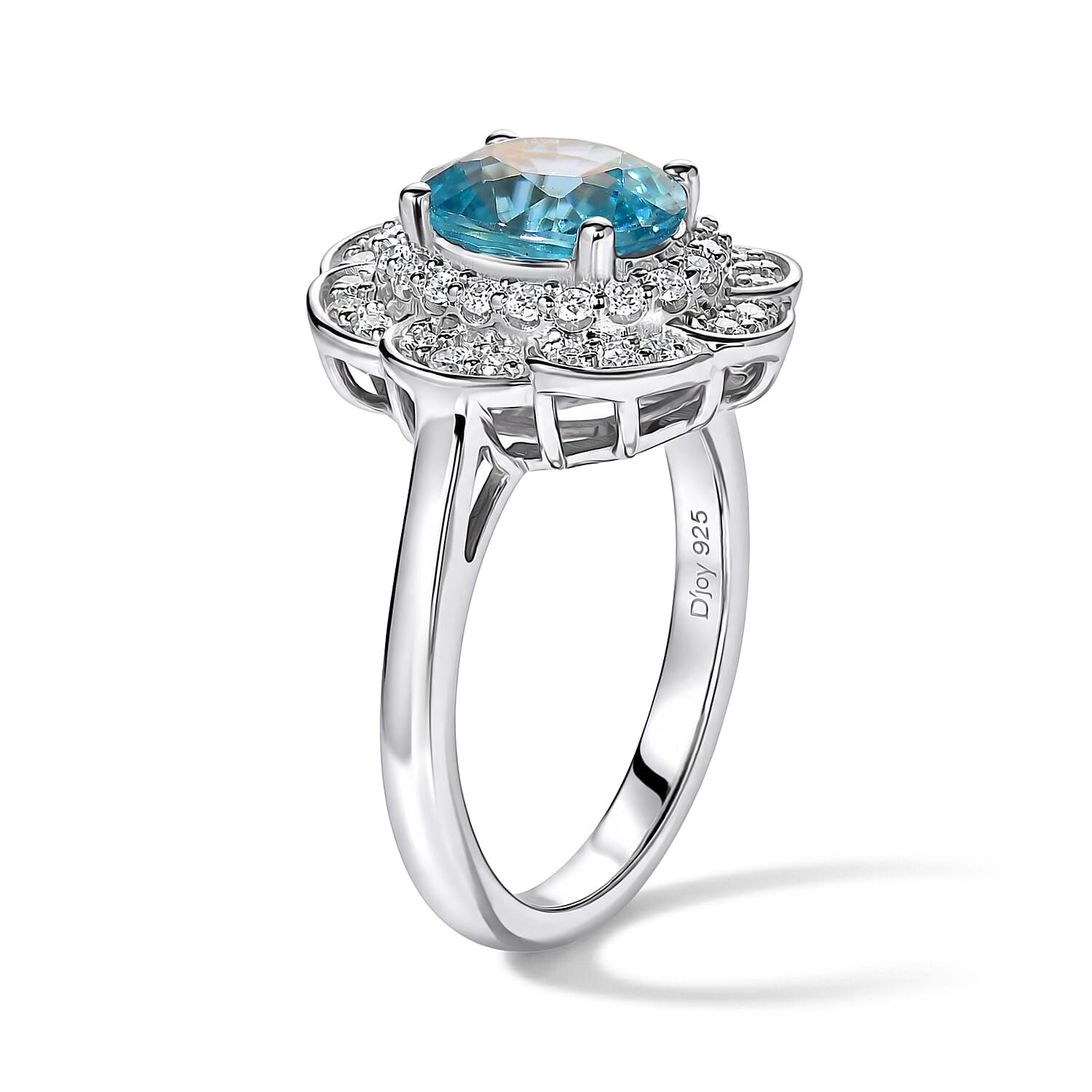 D'Joy Premium Cambodian Blue Zircon and Moissanite 2.90 ctw Ring in Rhodium Over Sterling Silver (Size 6.0)