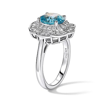 D'Joy Premium Cambodian Blue Zircon and Moissanite 2.90 ctw Ring in Rhodium Over Sterling Silver (Size 6.0)