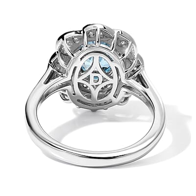 D'Joy Premium Cambodian Blue Zircon and Moissanite 2.90 ctw Ring in Rhodium Over Sterling Silver (Size 6.0)